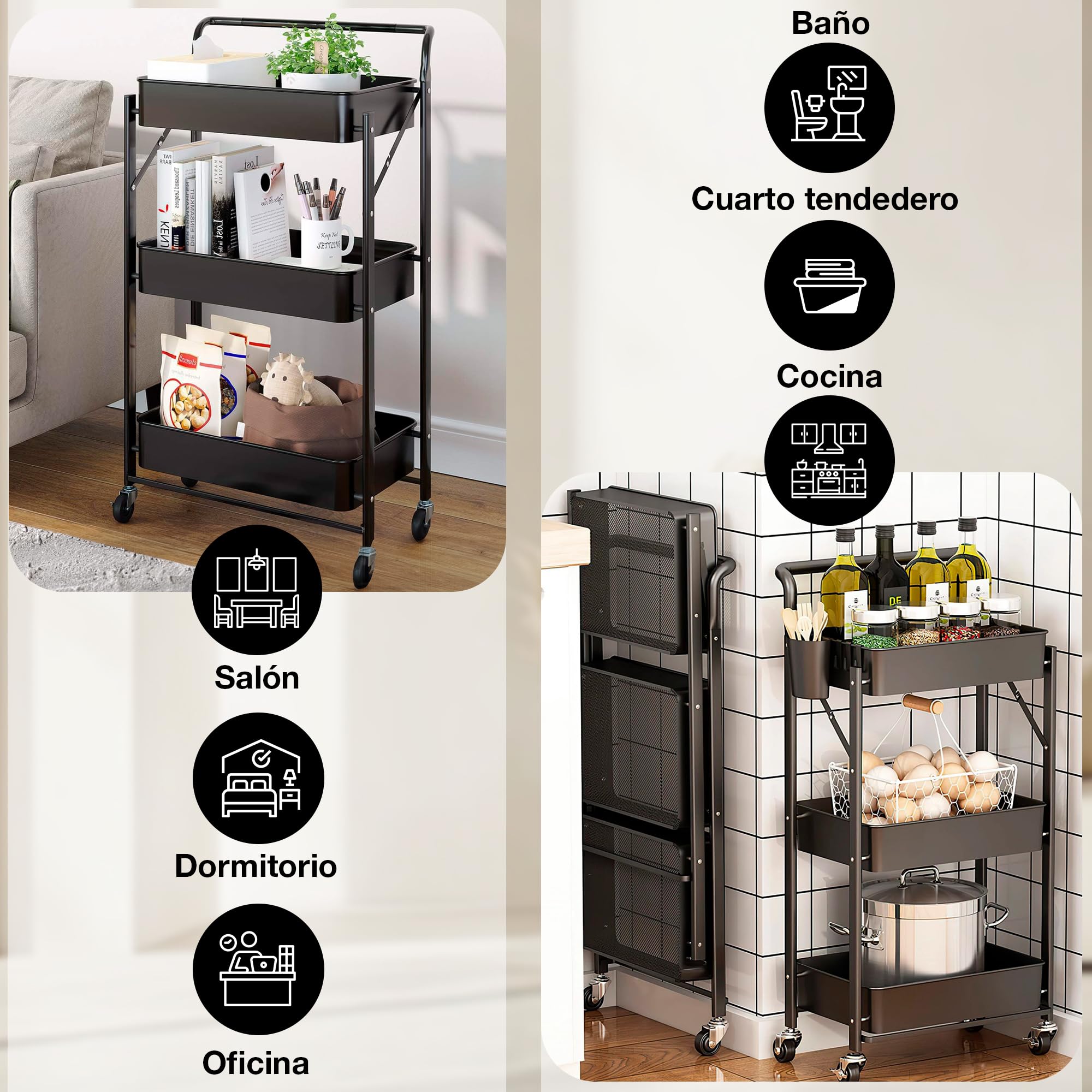 Carrito Cocina Plegable, Camarera Plegable con Ruedas. Carro Organizador almacenaje 45x30x87cm. Ideal para baño, Cocina, Oficina, estética. Color Negro.
