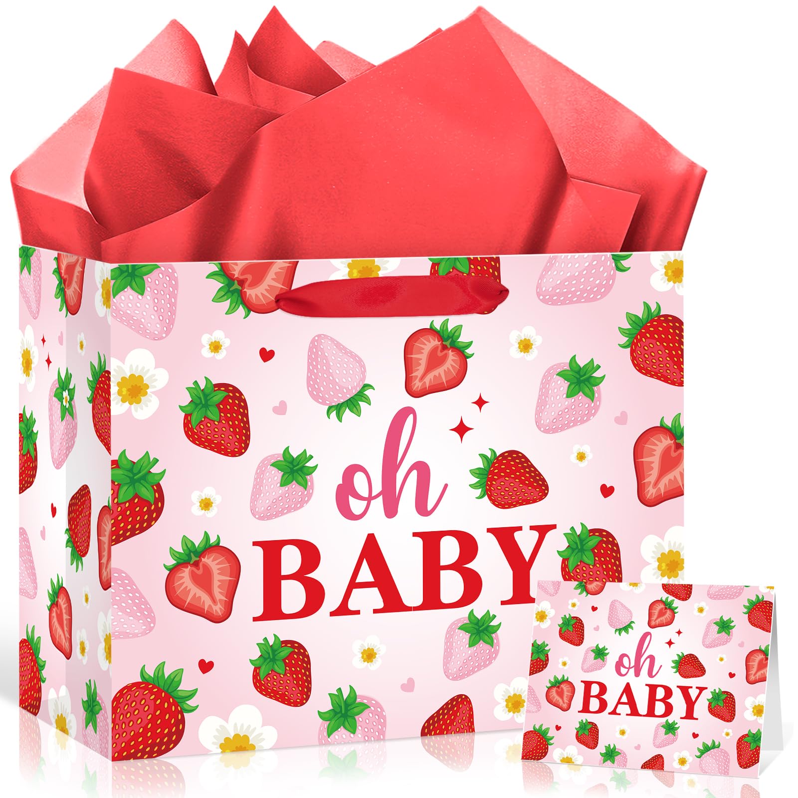 Woosytoo Strawberry Baby Gift Bag with Card Tissue Papers, Pink Berry Baby Shower Wrapping Paper Bag Oh Baby Present Bags for Newborn Congratulations Gifts Gender Reveal Party Favors