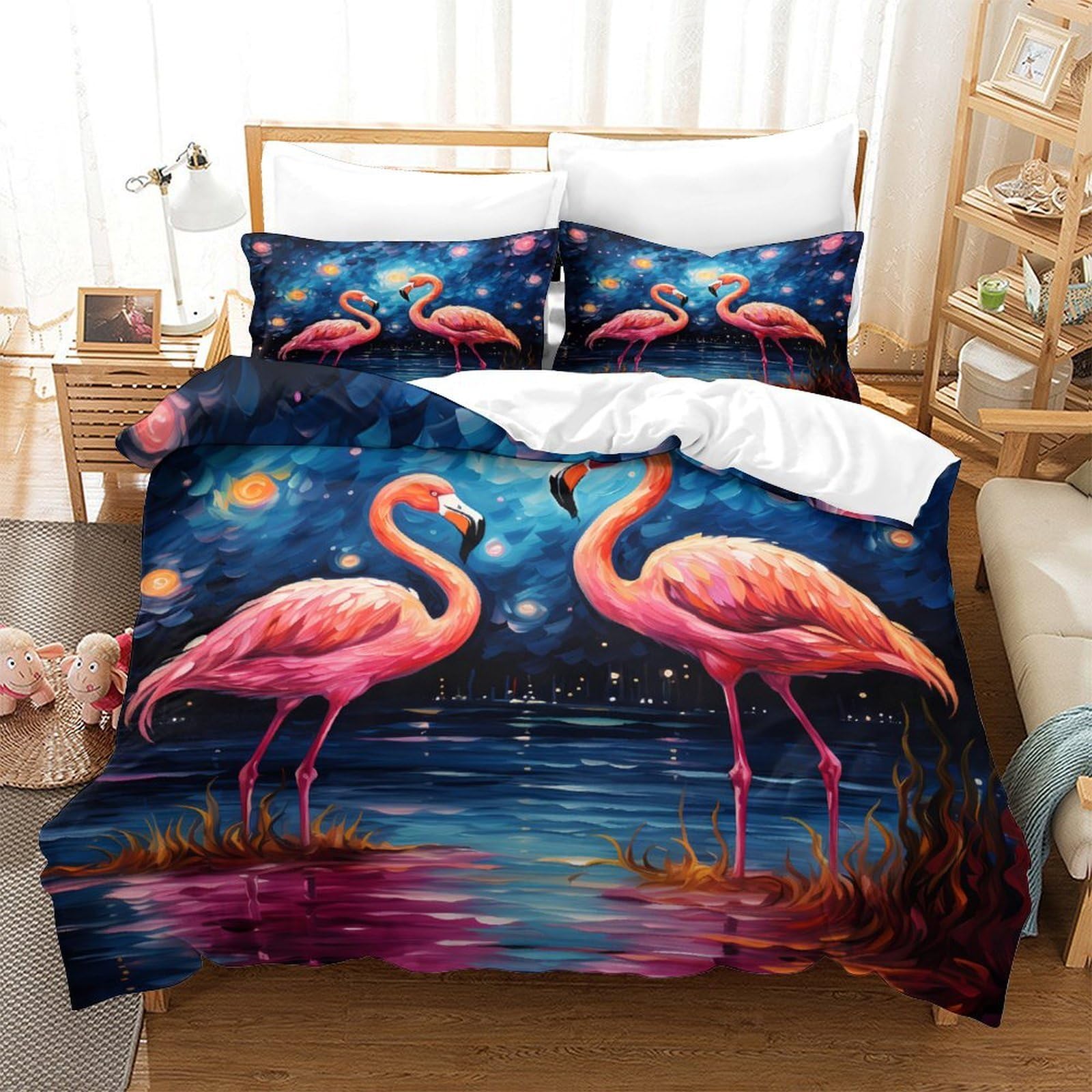 Flamingo-Pärchen 3D Bedruckt Bettbezug 3teilig Mikrofaser hautfreundlich Sternennacht Deckenbezug 2 Kissenbezüge pflegeleicht Paare Familie Super King（260x220cm）