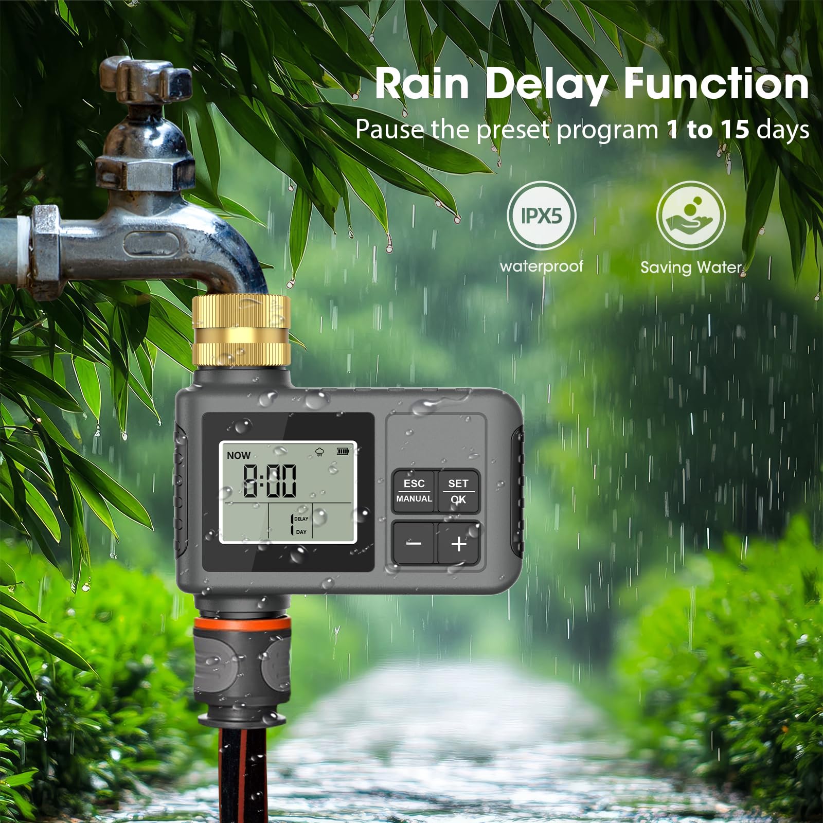 RIOGOO Gartenschlauch-Wasserhahn-Timer, programmierbarer Sprinkler-Timer mit Regenverzögerung (1 Outlet Water Timer)