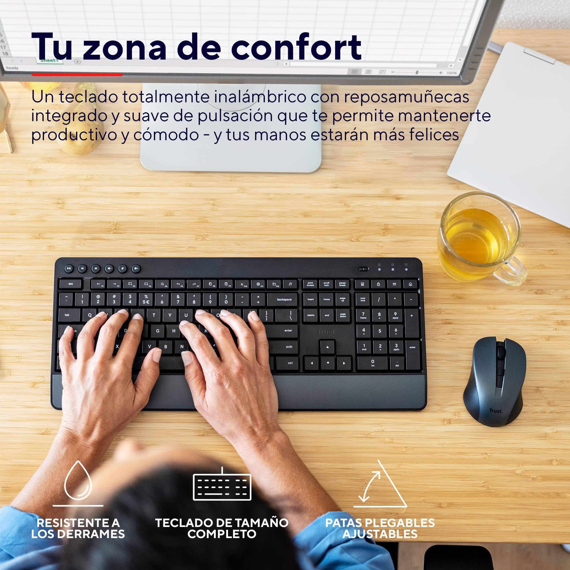 Trust Trezo Spanish QWERTY Wireless Keyboard and Mouse, Sustainable Design, Silent and Ergonomic Keyboard, Wrist Rest, 48 Months of Battery, 2.4 GHz, Mac, PC, Laptop