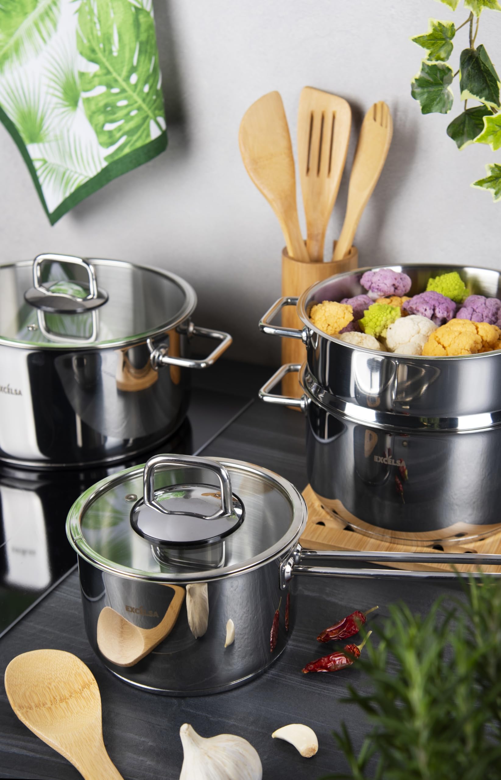 Excelsa Le Grand Chef zestaw garnków ze stali nierdzewnej 18/10, 10 sztuk, z zapiekankami, garnkiem, parownicą i pokrywkami