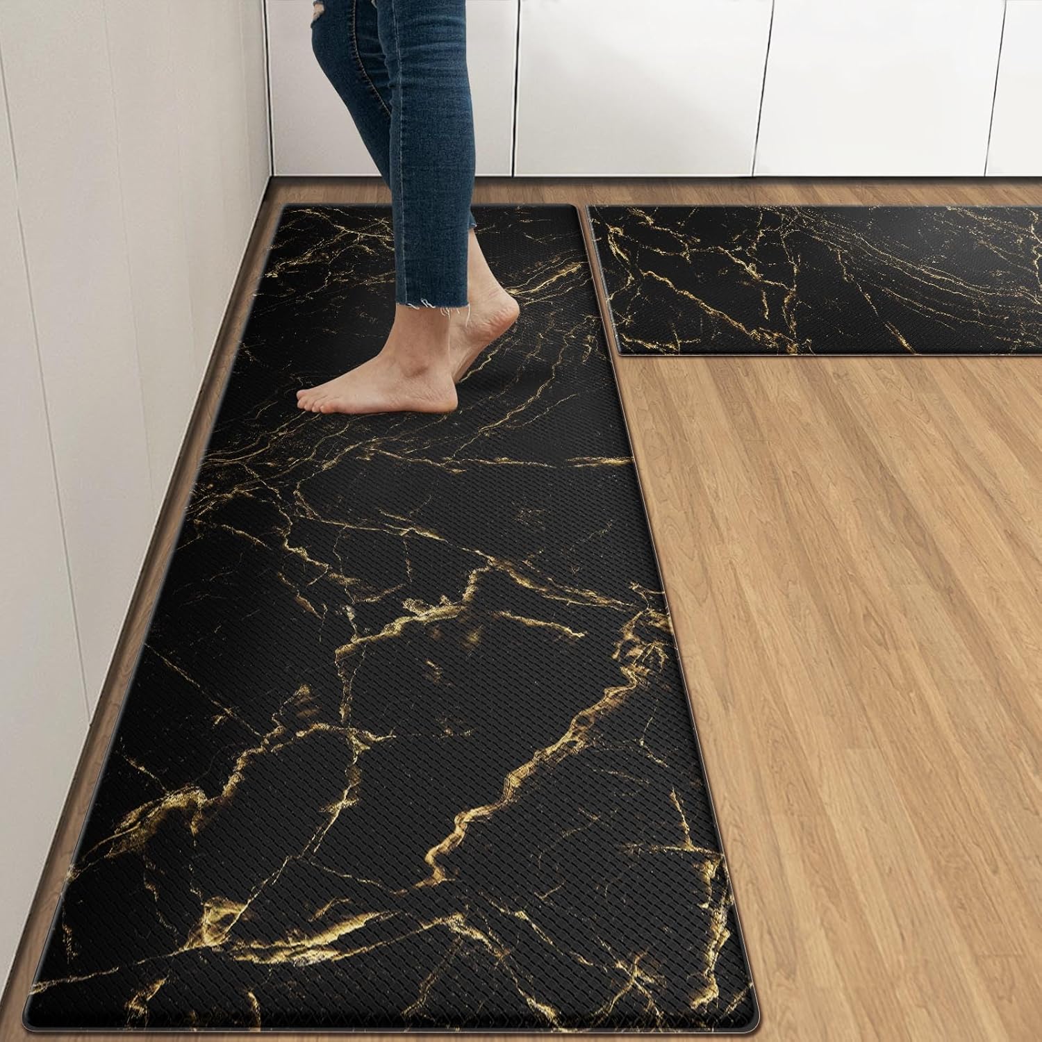 Arttown Anti-Fatigue Kitchen Rug Set of 2 Marble Black Gold Abstract Cushioned Floor Mat, Standing Waterproof Non-Slip Mat and PVC Ergonomic Comfort Foam Rug for Kitchen Black Gold Kitchen Mat 17.3 x 47 inch + 17.3 x 29 in