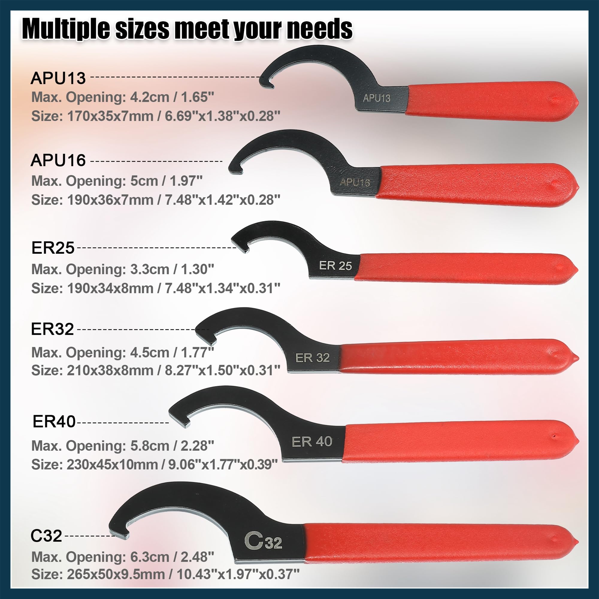 TUCKBOLD 6pcs Coil Over Wrench Shock Spanner Adjustable C Shape Wrenches Tool Automotive Parts, Black, Red, 8.27"x1.50"x0.31" - Image 3