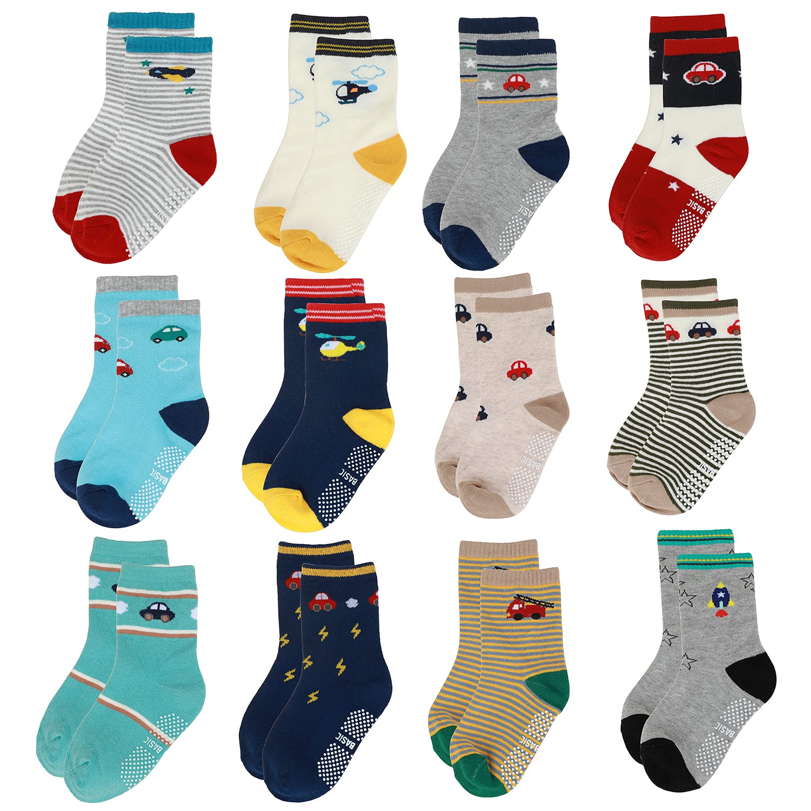 Yafane 12 Pares de Calcetines Antideslizantes para Niños Niñas Recien Nacido Unisex Pequeños Algodón Lindo con Puños Calcetines Antideslizantes para Bebés