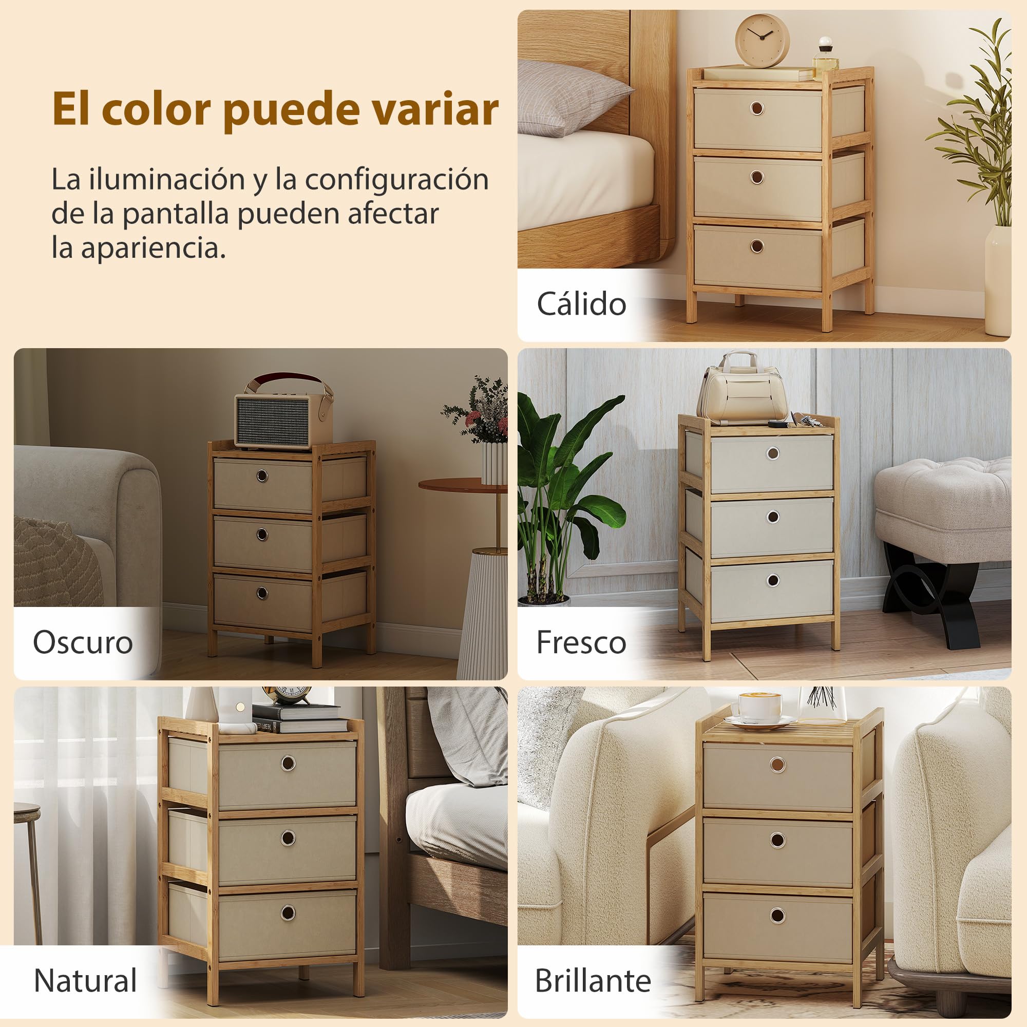 HOMCOM Cassettiera telaio bambù 3 cassetti tessuto bianco crema | Cassettiera, unità di stoccaggio stretta, per piccoli spazi, camera da letto, soggiorno, ingresso