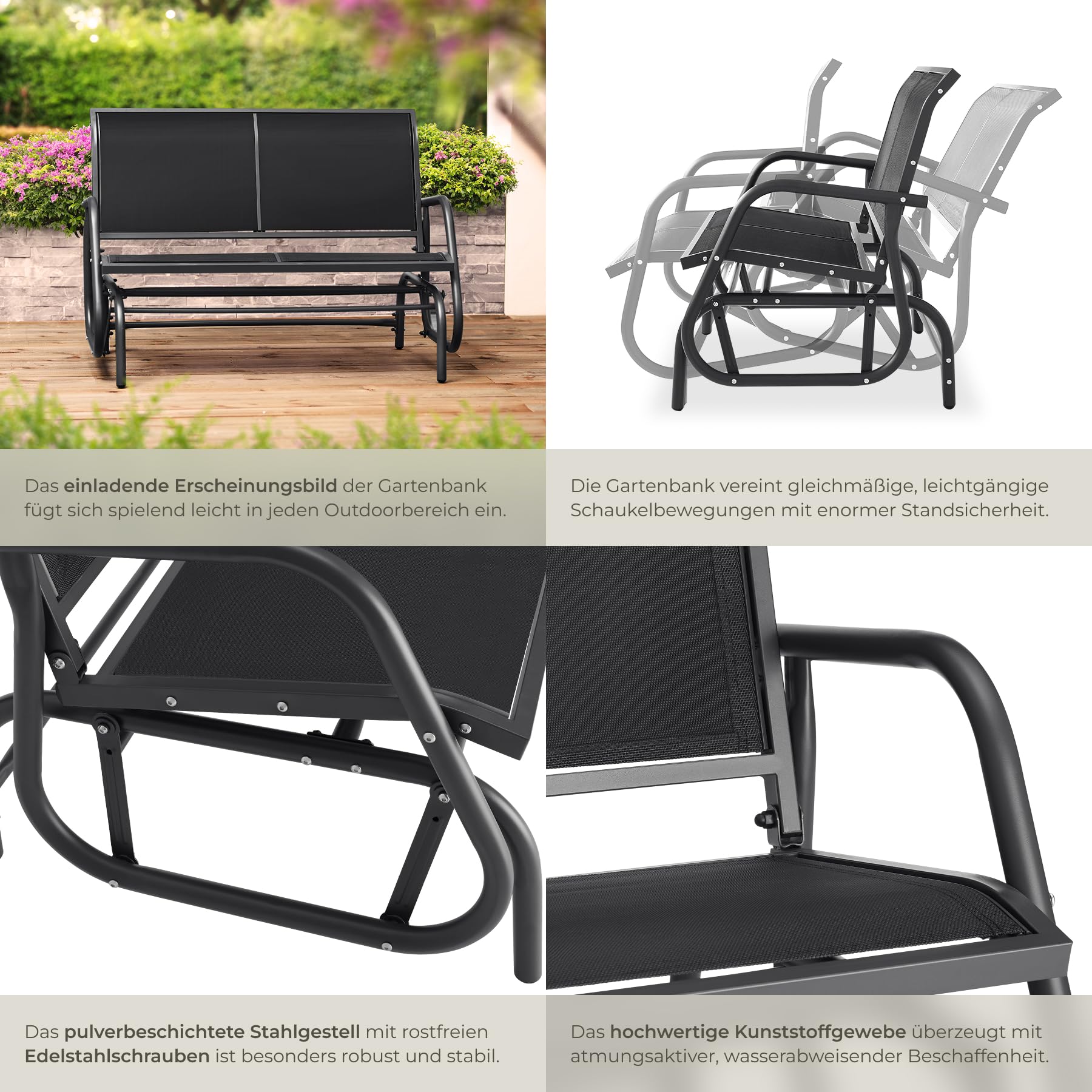 tectake® outdoor Schaukel Bank, 2-Sitzer Schaukelstuhl wetterfest, Gartenbank mit Schaukelmechanismus, bis 300 kg belastbar, Lounge Möbel für Park, Garten, Terrasse Balkon, 121 x 72 x 86,5 cm -schwarz