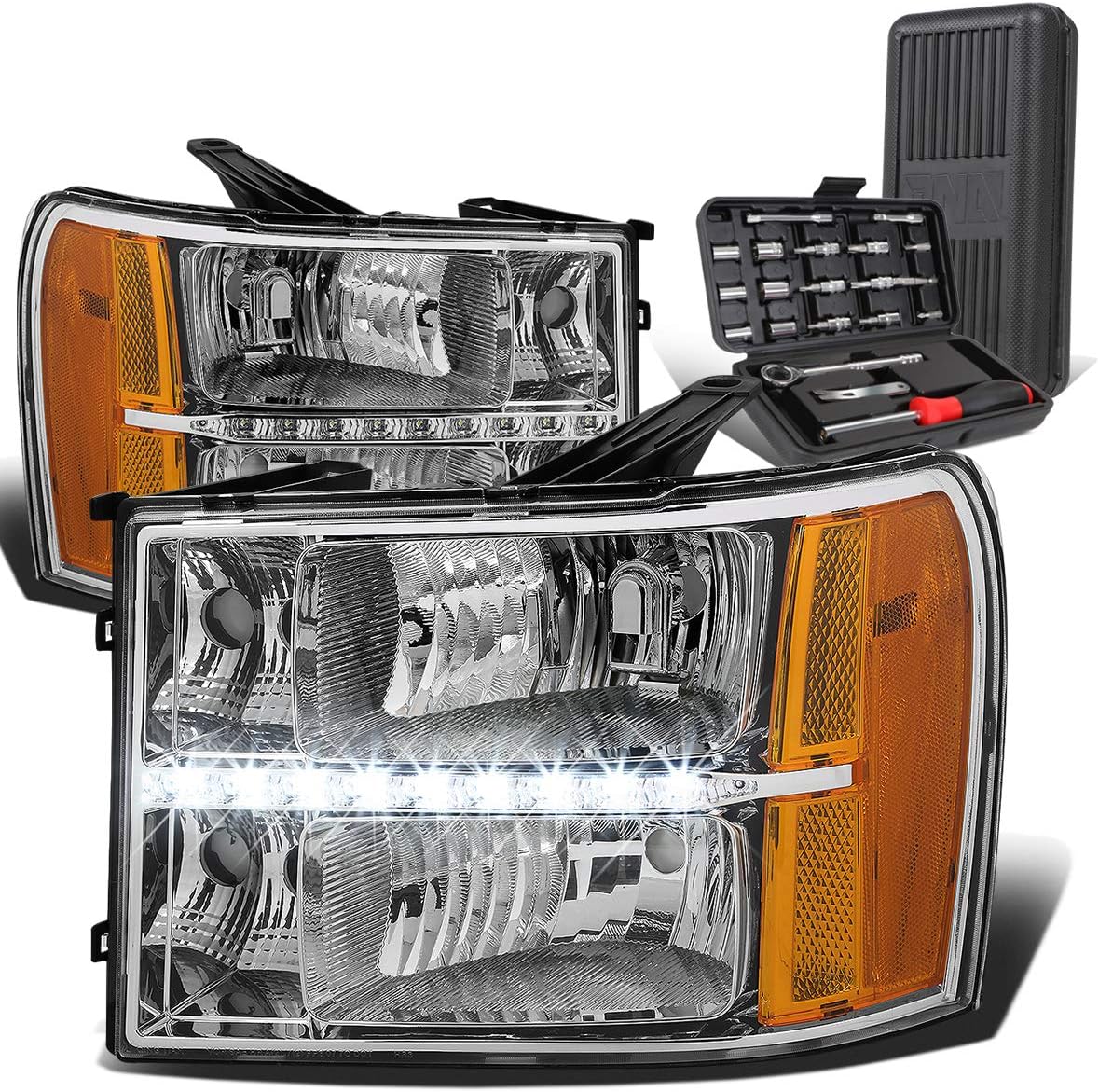 Auto Dynasty LED DRL Chrome Amber Corner Headlight Lamps + Tool Kit Compatible with GMC Sierra 07-13