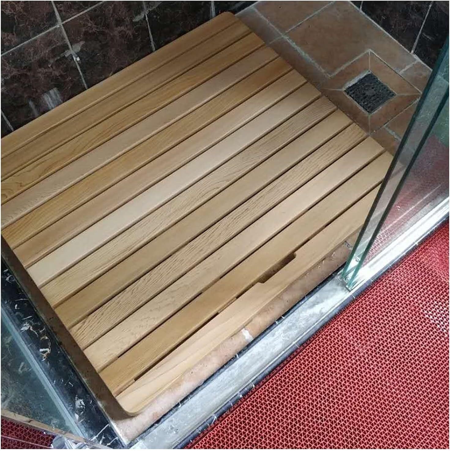 BHGFYXBS Wood Shower Bath Mat Red Cedar Rectangle Slats Splice Bathroom Drain Board Custom Size,Wood Color-80x90cm