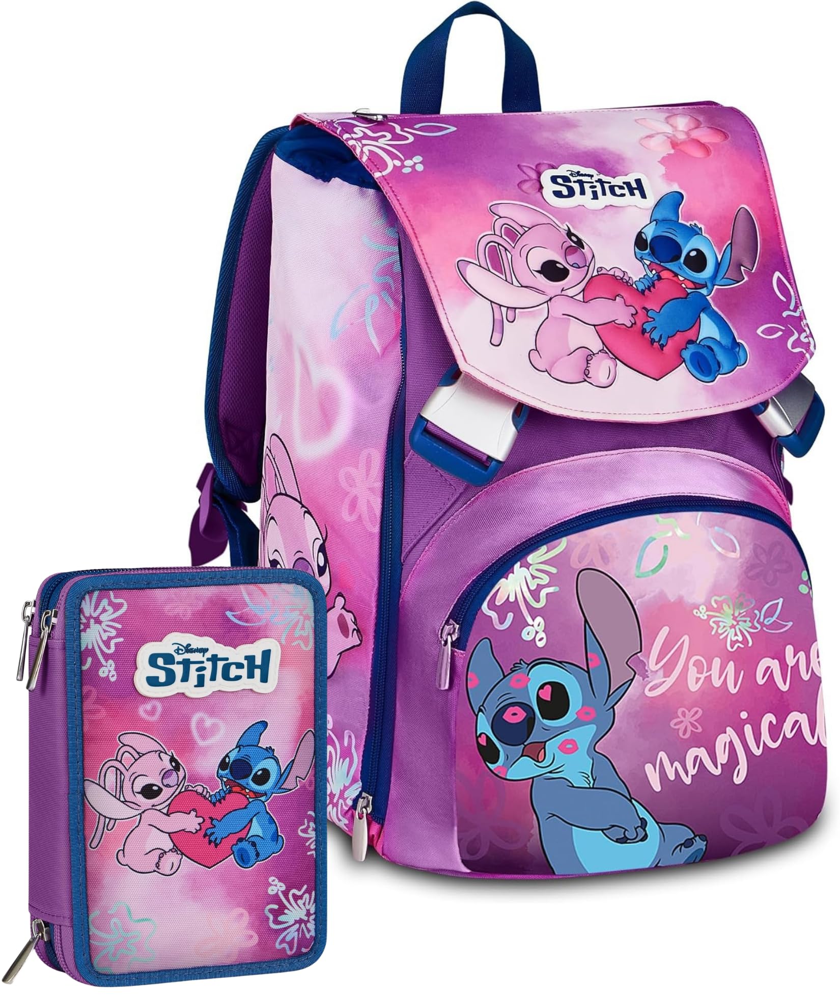Set Scuola 2 Pezzi Per Stitch Seven Fan Zaino Scuola Elementare Bambina + Astuccio 3 Scomparti Completo (44 Accessori) - School Pack Bambini