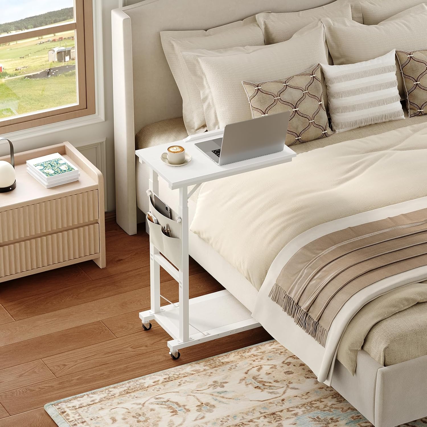 MAHANCRIS Overbed Table, Mobile Bedside Table with Angle-Adjustable Right Side Panel, Adjustable Height Table with Wheels, Side Table with Side Pockets for Bedroom or Hospital Home Use, White MTWT6001