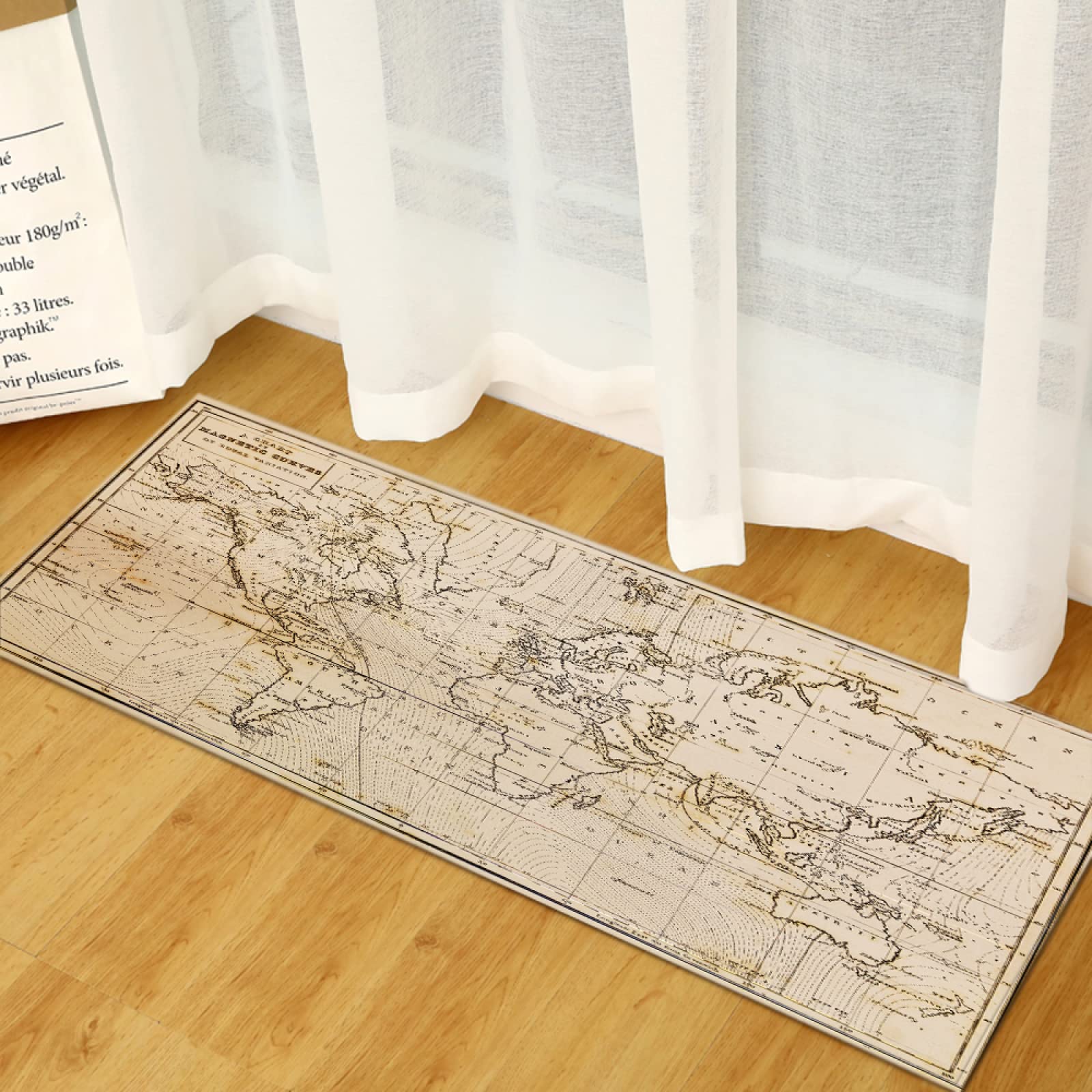 GOKSEL Küchenteppiche Weinlese&Karte Rutschfestes Küchenmatten, Saugfähig Küchenläufer, Komfort Läufer Teppich Set für Küche, Staubdicht Fußmatte 60 x 180cm