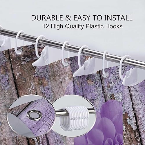 Miniatura 6 de Cortina de ducha con flores de granja, juego de cortina de ducha rústica de dalia morada, cortina de ducha de tela impermeable con ganchos, cortina