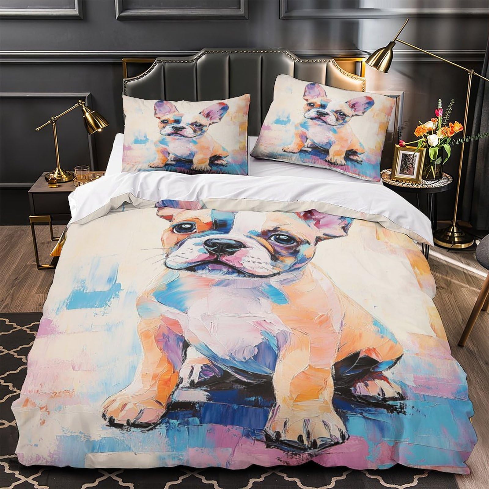 Drap housse de couette bouledogue français 3D coloré avec 2 taies d'oreiller éclair