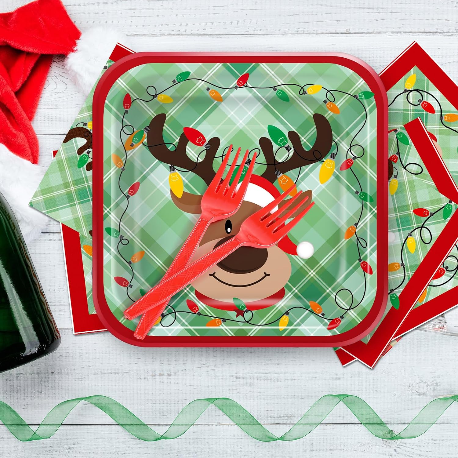 Newtay 100 Pcs Christmas Reindeer Paper Plates and Napkins Disposable Tableware Set for 25 Guests Include Square Dinner and Dessert Plates, Napkins, Forks for Christmas Party Table Decoration Supplies
