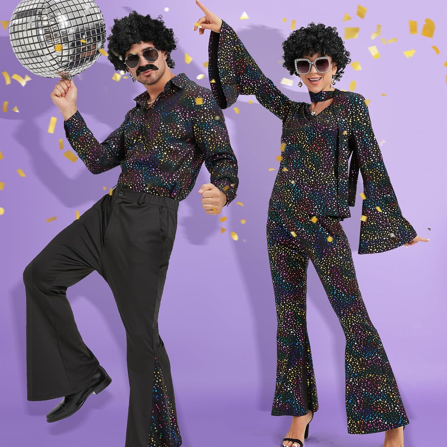 70s Disco Outfit for Men 70s Costume with Retro Shirt Bell Bottom Pants Wig Sunglasses Necklace Mustache - Image 7