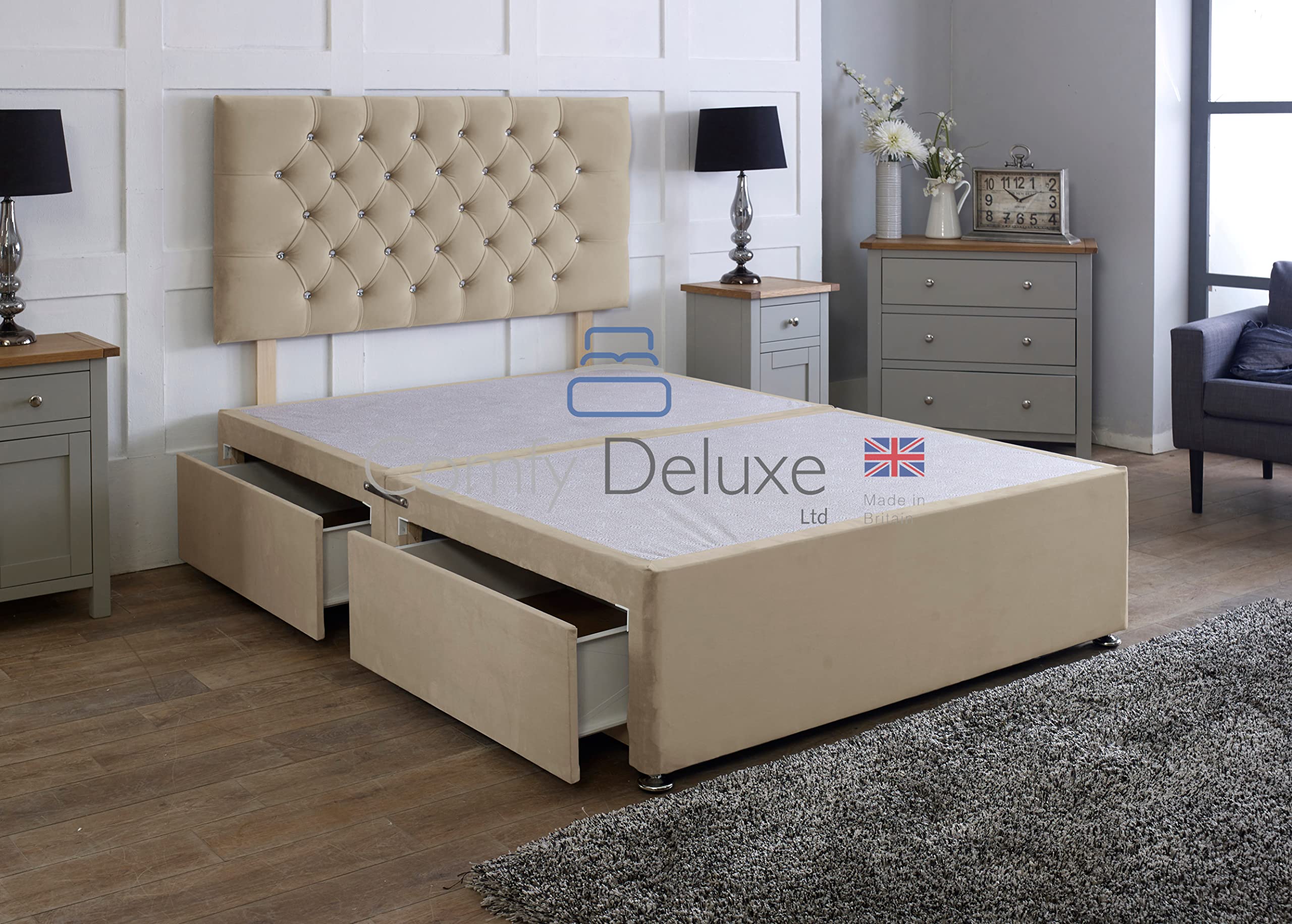 Comfy Deluxe LTD 3FT Single Bed base with 26-Inch Chesterfield Headboard - Mink Plush Velvet Divan Bed Frame with No Mattress Included, Chrome Glider Feet & 2 Drawers Same Side - UK Made