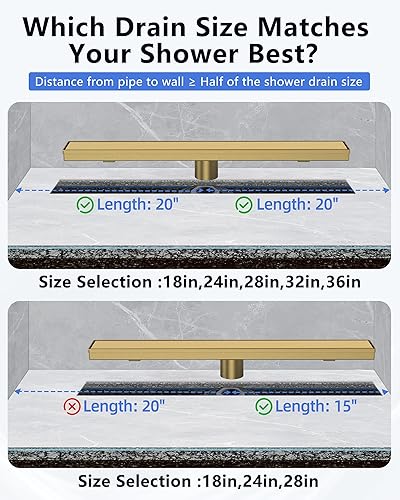 Miniatura 5 de YEFU Drenaje de ducha lineal dorado para baño drenaje de ducha de 24 pulgadas con rejilla de inserción de azulejos, drenaje lineal rectangular de