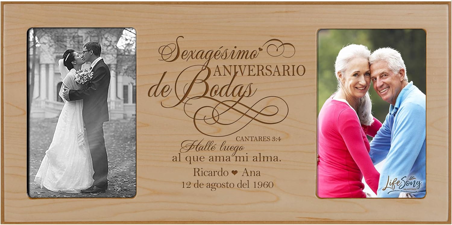 LifeSong Milestones Personalized 60th Anniversary Picture Frame Marriage Keepsake Gift with Spanish Verse - Sixty Years Wedding Gift for Parents Husband Wife Him Her Holds 2-4x6 Photo (Maple)