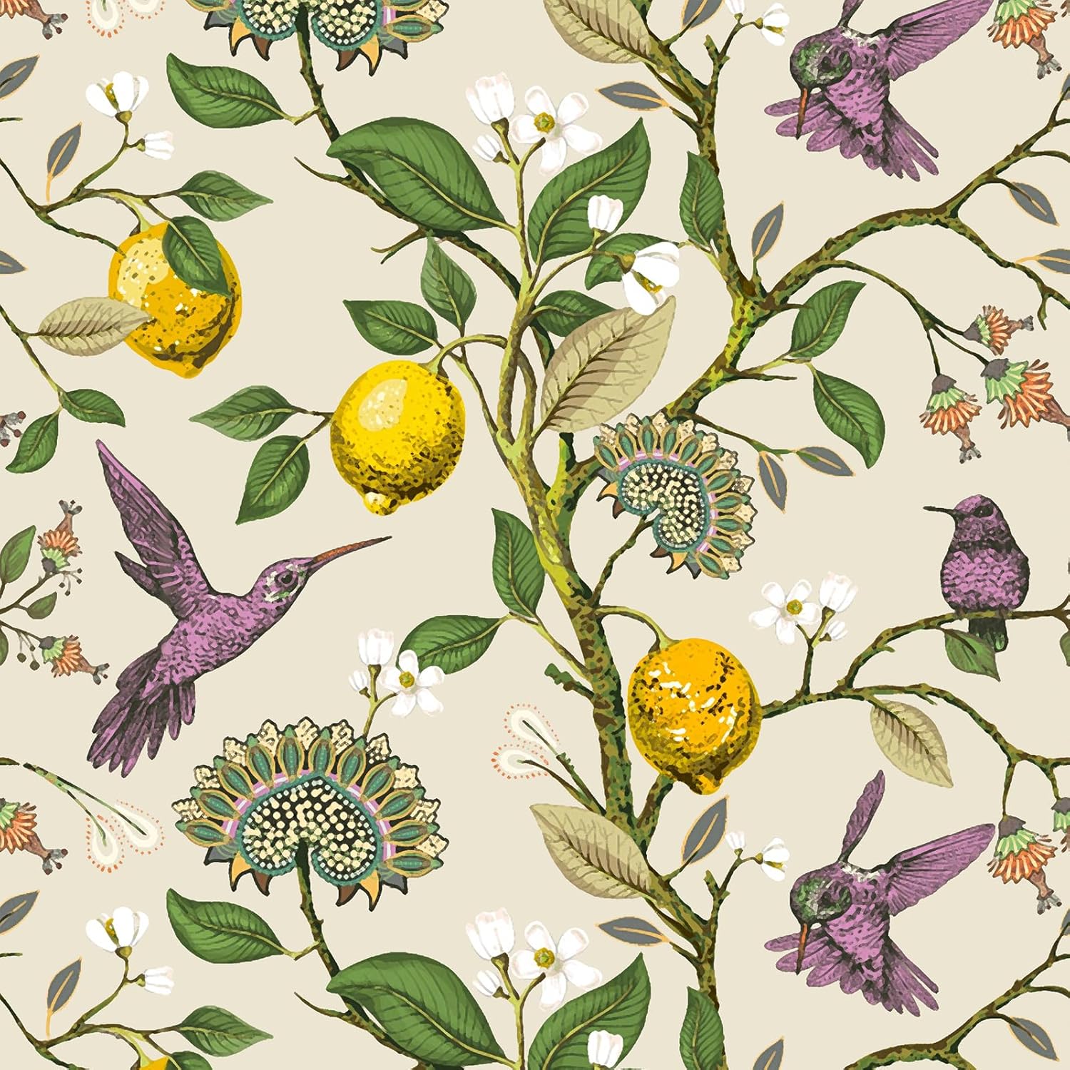 VEELIKE Lemon Wallpaper Stick and Peel Vintage Purple Bird Wallpaper 17.7''x118'' Removable Waterproof Lemon Tree Floral Wallpaper for Kitchen Bathroom Self Adhesive Lemon Contact Paper for Cabinets