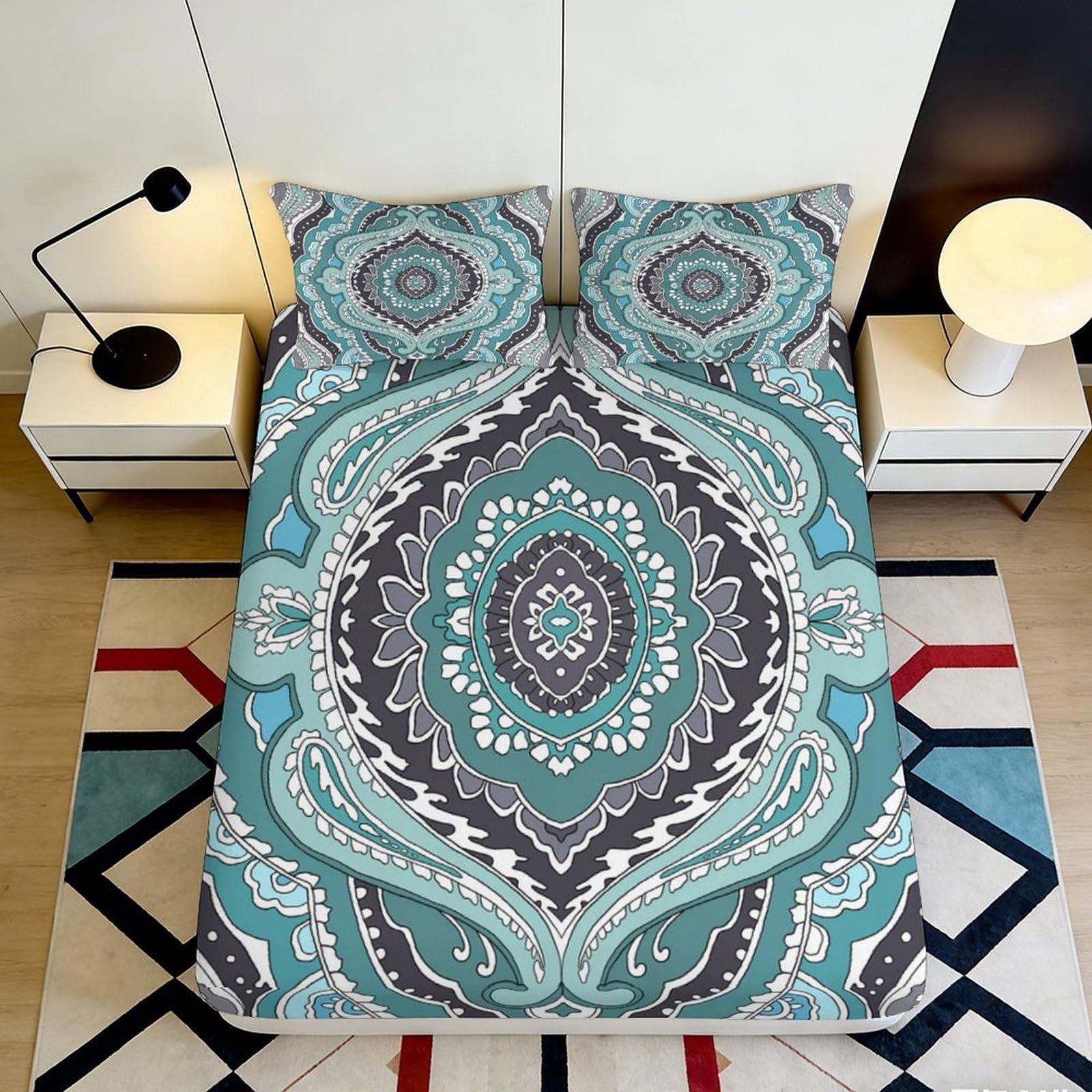 3D Printed Teal Mandala Fitted Sheet Microfiber Soft Anti-Slip Boho Paisley Mattress Cover Bedroom Décor 90x200x25cm