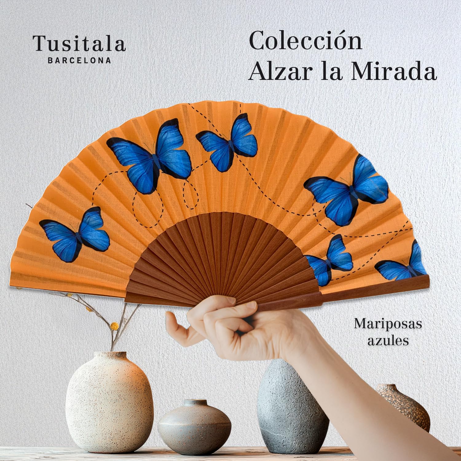 Tusitala Barcelona - Diana Hand Fan | Handcrafted Spanish Hand Fan | Cotton Fabric and Wood | Includes Protective Jute Cotton Bag | Authentic Gift | 23cm - 9”.