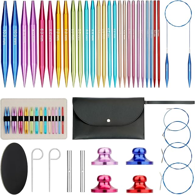 Interchangeable Circular Knitting Needles Set | 13 Pairs Metal Knitting Needles (10 cm Tips, US 2.5-15/3.0-10.0 mm) | 4 Cables (40 cm, 60 cm, 80 cm, 100 cm), Accessories & Case
