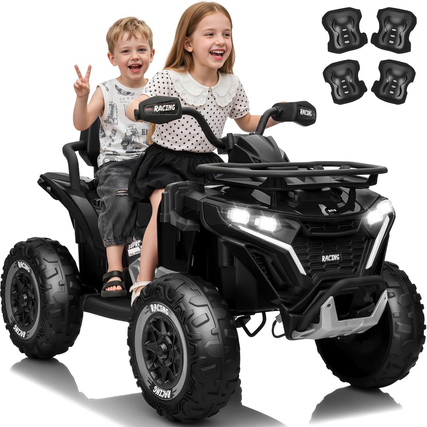 JOYRACER 24V Ride on Car, Kids ATV XL Four Wheeler w/EVA Tires, 19-Inch Leather 2 Seater, 800W Motors, Remote Control, Knee Pads, Flower, 24 Volt Ride on Toys Quad for Big Kids, Black