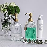 Vista 7 de JASAI Paquete de 2 dispensadores de jabón de vidrio estriado de 18 onzas con bomba dorada a prueba de óxido, dispensador de jabón de cocina Bomba