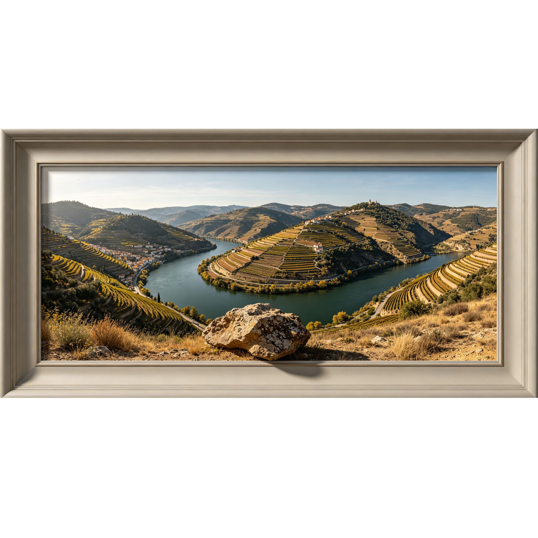 Agglomerix 3D Framed Wall Art River Valley Landscape Mountain Terrace Vineyard Scenic View Large Size Self-Adhesive Removable Wall Decor Prints Artwork for Living Room Bedroom Office