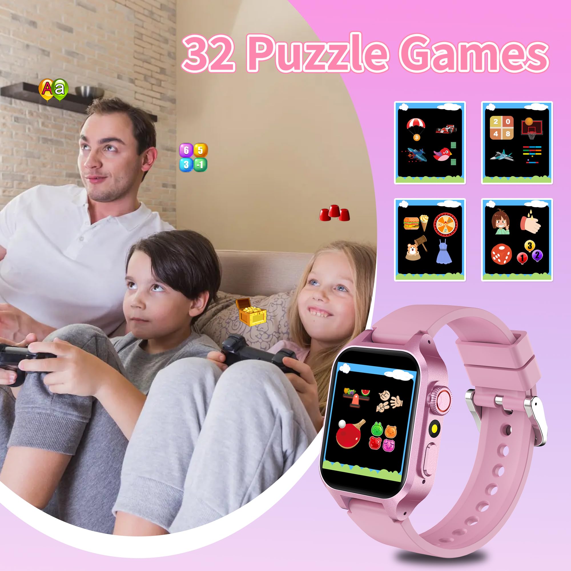Orolog 32 Giochi Smartwatch Bambini,smartwatch bambina con 22 Sfondi animati,Fotocamera,3 Modalità Sportive,Sveglia,Audiobook,Imparare la carta,Musica,Contapassi,registratore,Regali per ragazze e raga