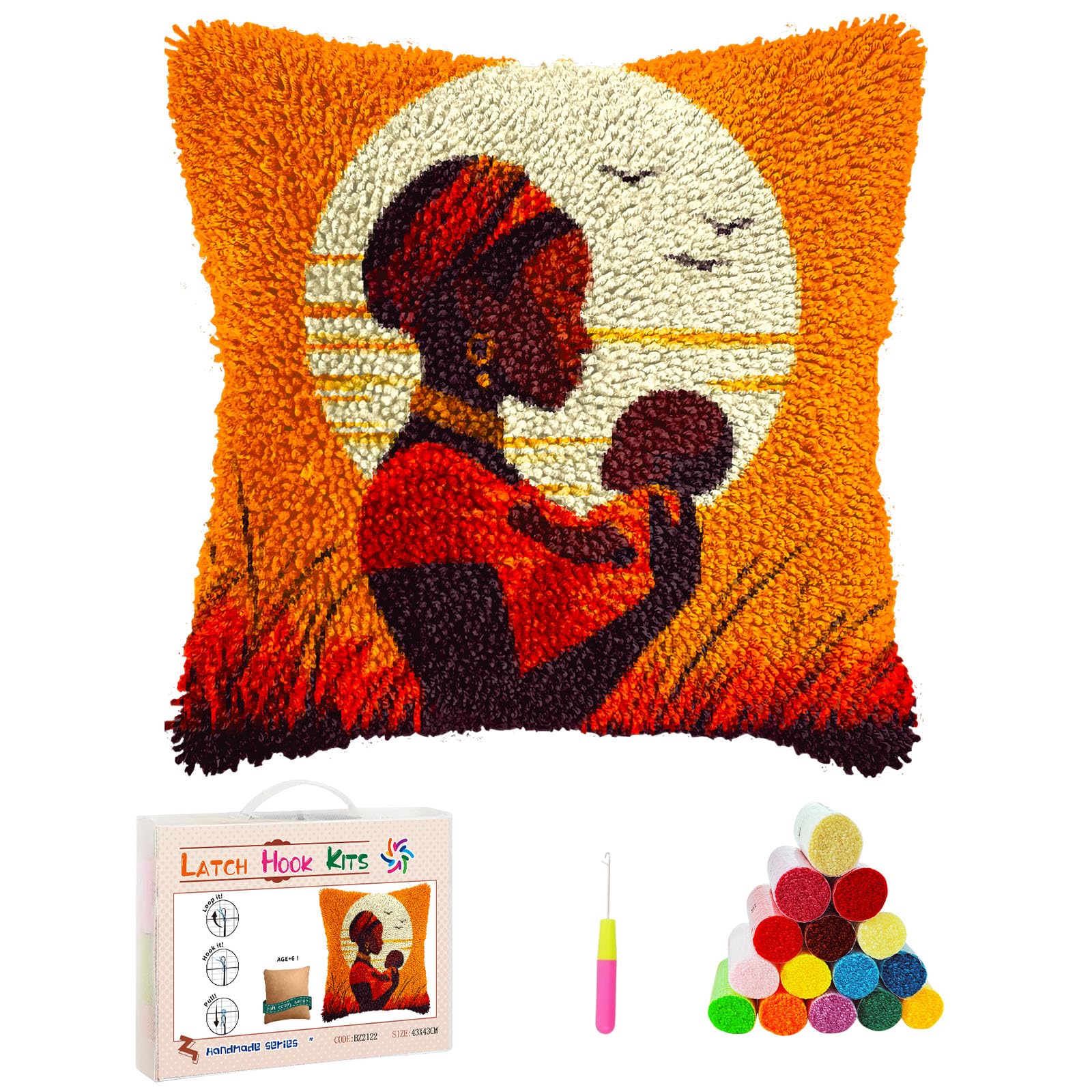 DIY Latch Hook Kits Pillow African Woman Hold Baby Under Sunset Stamped Handamade Pillowcase Crochet Yarn Hook and Latch Emboridery Throw Pillow Cover for Home Sofa Decor 43x43cm(23)