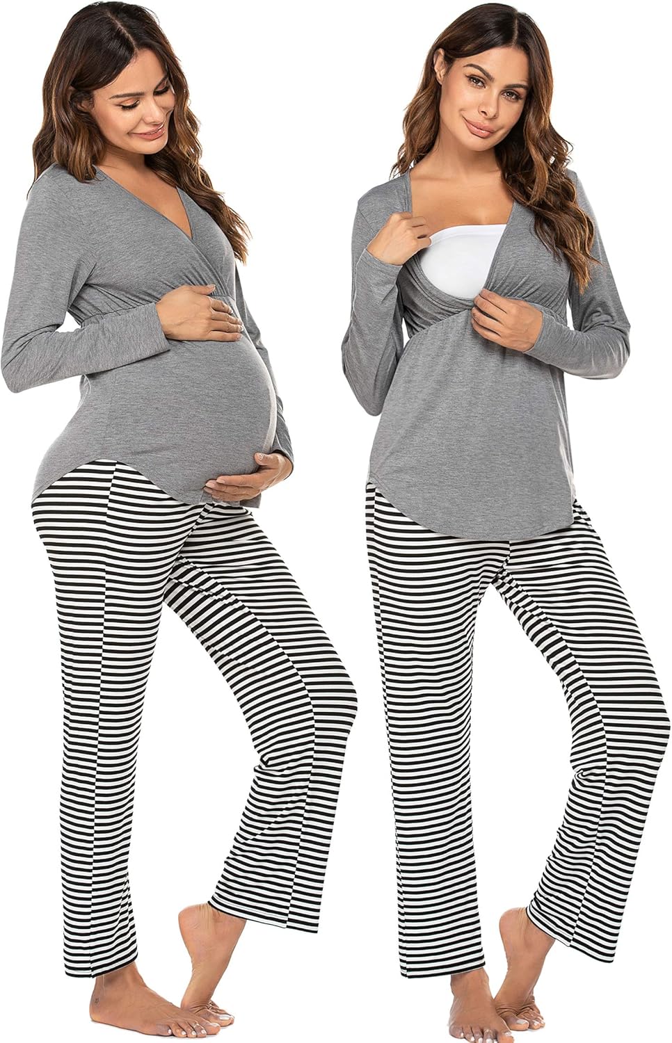 Ekouaer Maternity Nursing Pajama Set Striped Pants Short/Long Sleeve V Neck Breastfeeding Sleepwear Gown(S-XXL) at  Women’s Clothing store