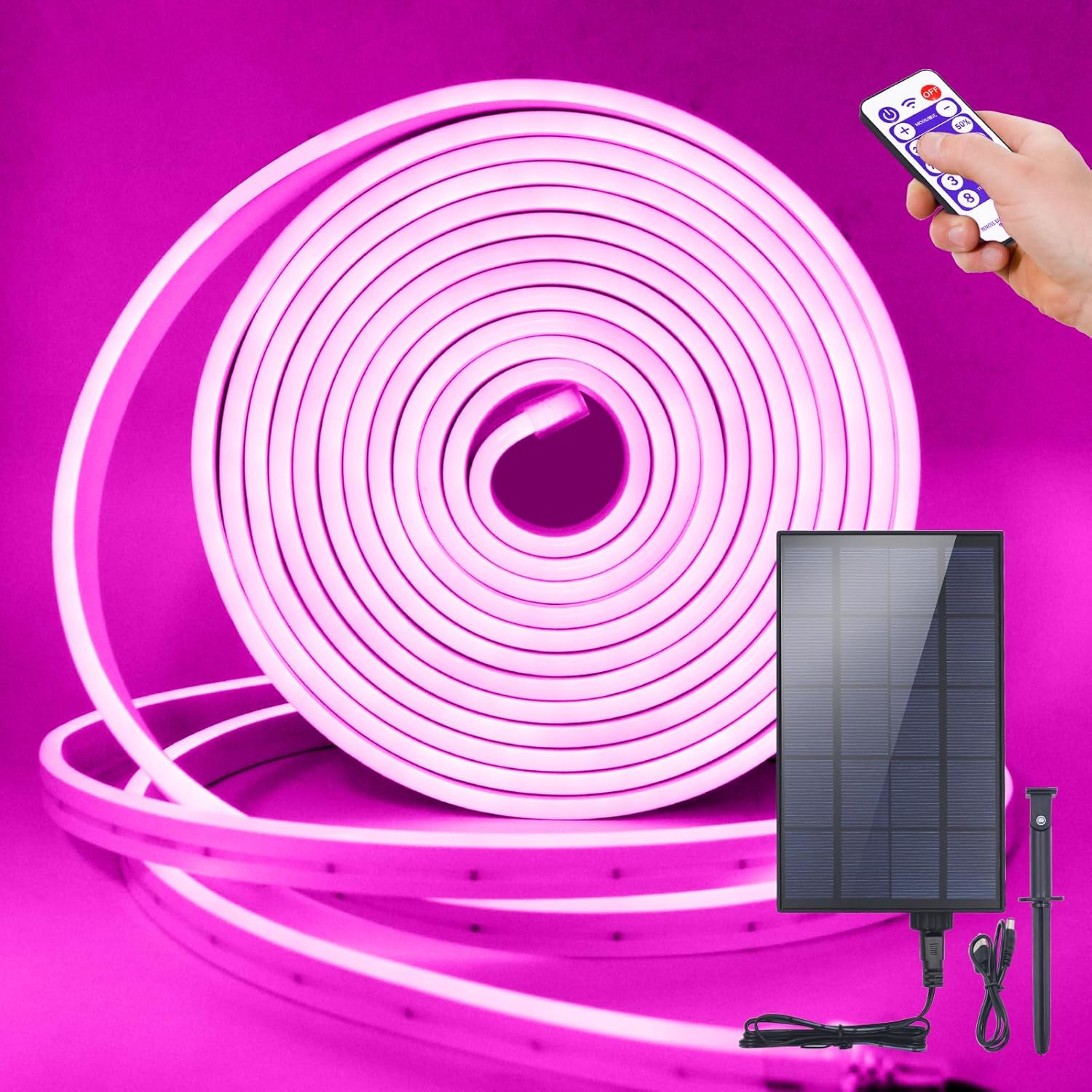 12V Solar Powered Neon LED Strip, 2835 120 Leds/m IP67 Waterproof Flexible Light Strip With 3W 12 key remote control USB charging wall mounted plug-in solar controller for Courtyard Decoration.