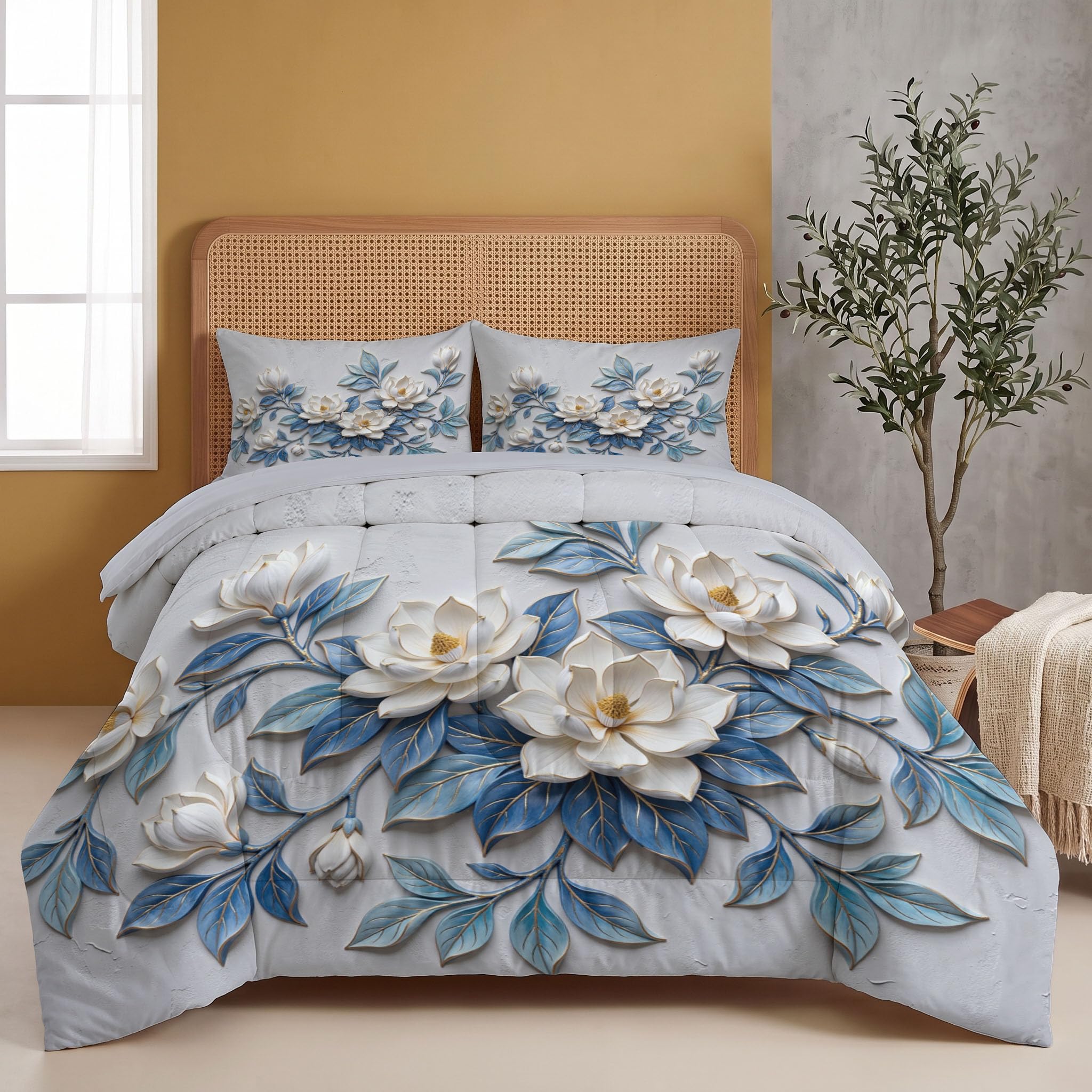Bettdecke 264X240 cm 4 Jahreszeiten, Nebelblau Französische Blumen Steppdecke, Magnolienzweige Und -Blätter Warme Ganzjahresdecke Bettdecke Ohne Bezug Waschbar Schlafdecke Mit 2 Kissenbezug