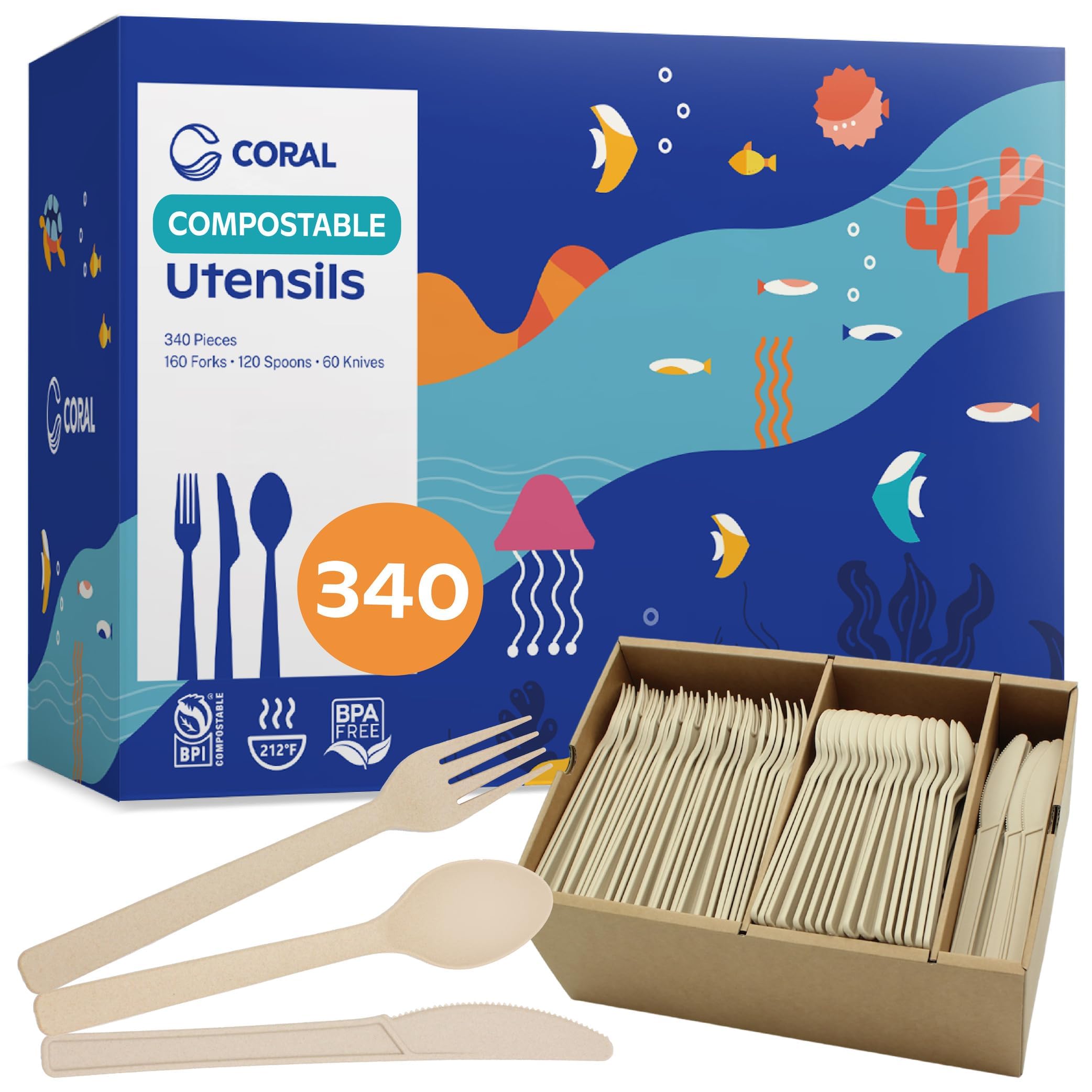 CORAL Light Brown Compostable Heavy Duty Silverware Set 340 Pieces Bulk