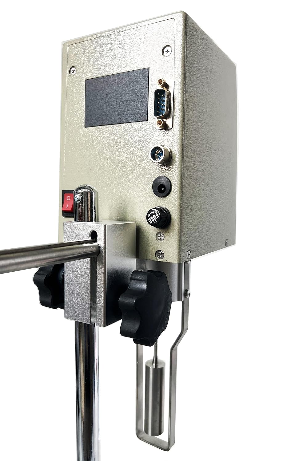 Side view of the HFBTE NDJ-8S Rotational Viscometer showing the control panel and the rotor assembly.