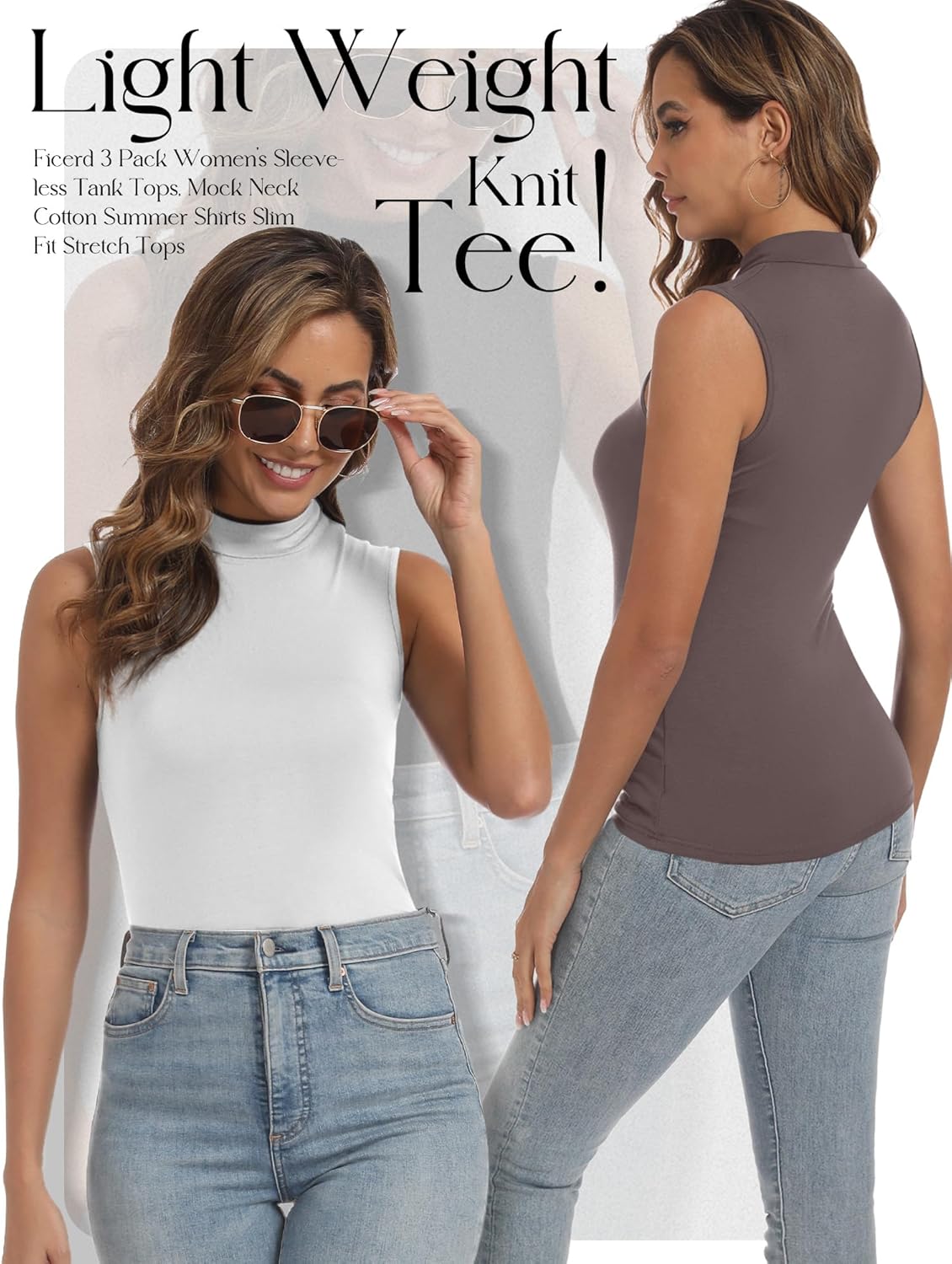 Ficerd 3 Pack Women's Sleeveless Tank Tops, Mock Neck Summer Shirts Slim Stretch Basic Tops Lightweight Knit Tee - Image 3
