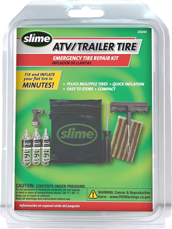 Slime 20240 Kit de reparación e inflado de neumáticos, neumáticos sin cámara, reparación de pinchazos de emergencia para remolques y vehículos todo terreno, rápido y fácil, contiene mini inflador