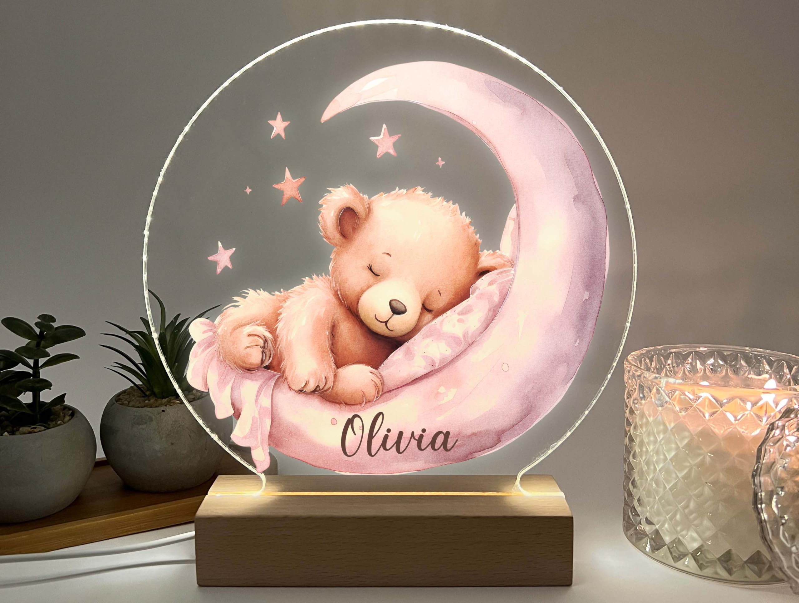 MIRROR MANIA Teddy Bear Pink Moon Night Light for Kids Room, Nursery Light, Personalized Light up, Girls Night Light, Gift for Kids, New Baby Gift. Made in CT., USA.