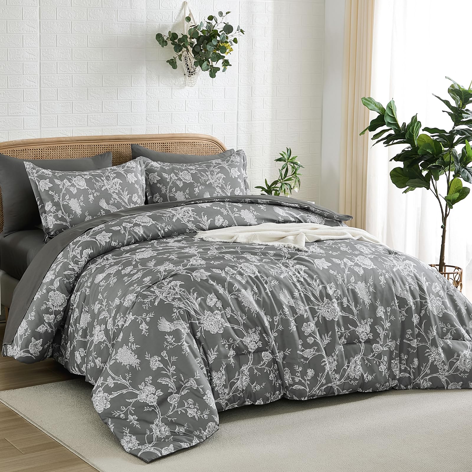 Luxudecor Floral King Comforter Set 7 Pieces Bed in a Bag, Grey Flower with Bird Bedding Set, Soft Reversible Comforter with Sheet Set 104