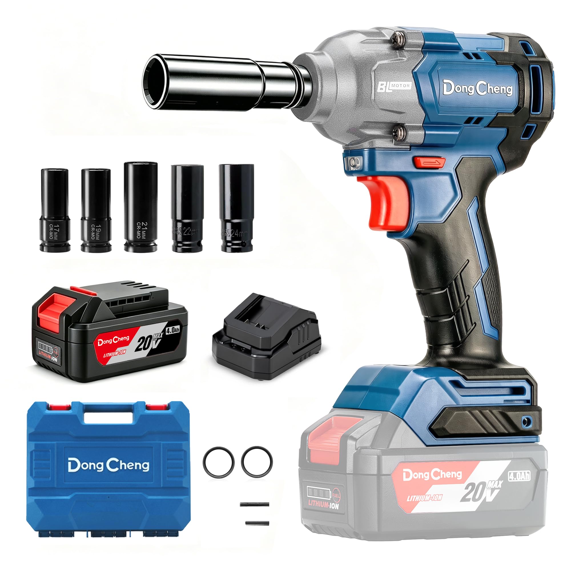 Dong Cheng 20V Brushless Impact Wrench, Max Torque 682N.m, 1/2 inch with 3 Mode Speed, 2400 RPM Cordless Impact Gun, Includes 4.0Ah Battery, Charger, 5 Impact Sockets and Storage Box