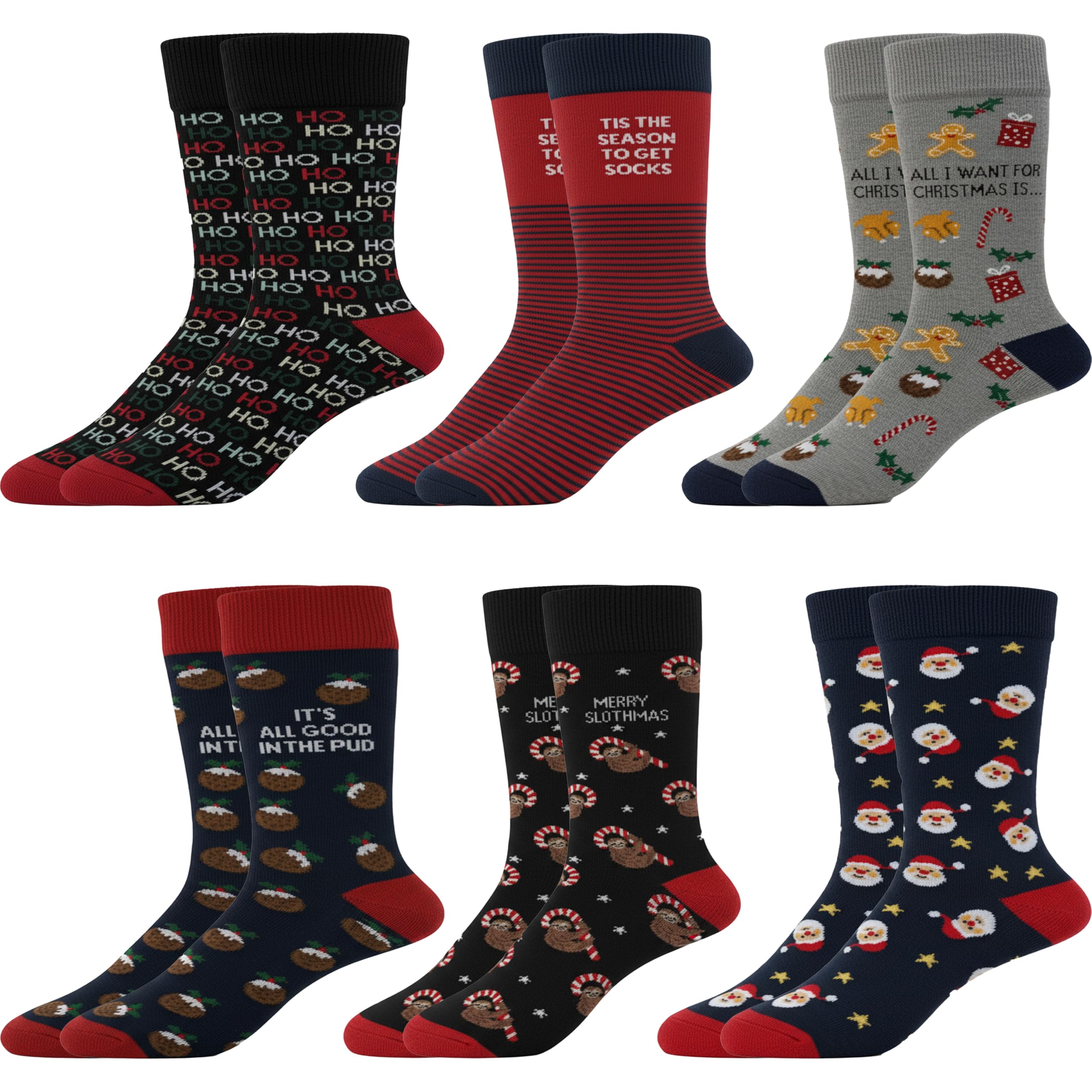 Sock Stack 6 Pack Men’s Christmas Socks Festive Gift Set Novelty Xmas Sock for Men, Santa, Pudding & Gingerbread Holiday Stocking Fillers UK Size 6-11