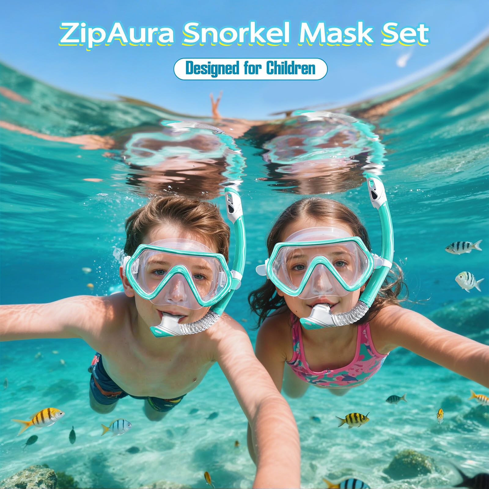 Set di 2 set di attrezzatura da snorkeling per bambini dai 3 ai 14 anni, anti-appannamento a 180°, con boccaglio e maschera da nuoto con copertura per il naso e occhiali in vetro temperato, per