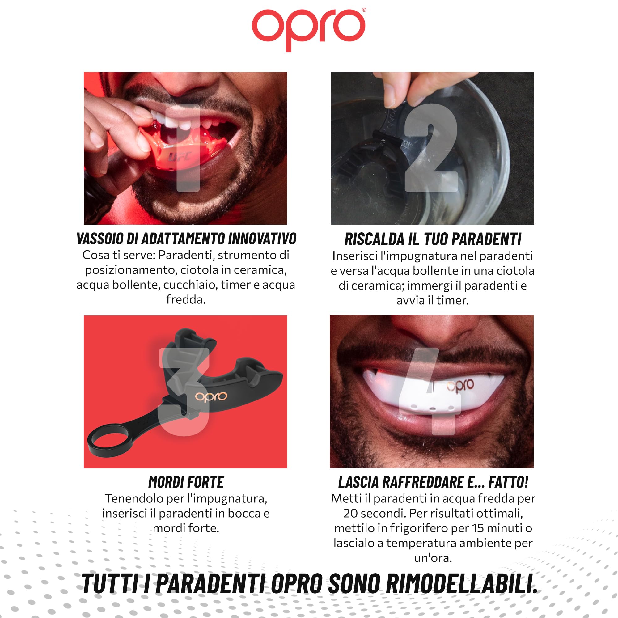 OPRO Paradenti Livello Bronzo - Aderenza Essenziale - Paradenti per Boxe, MMA, Rugby, Hockey - Protezione Dentale per Adulti e Bambini - Facile da Modellare - Con Garanzia Dentale