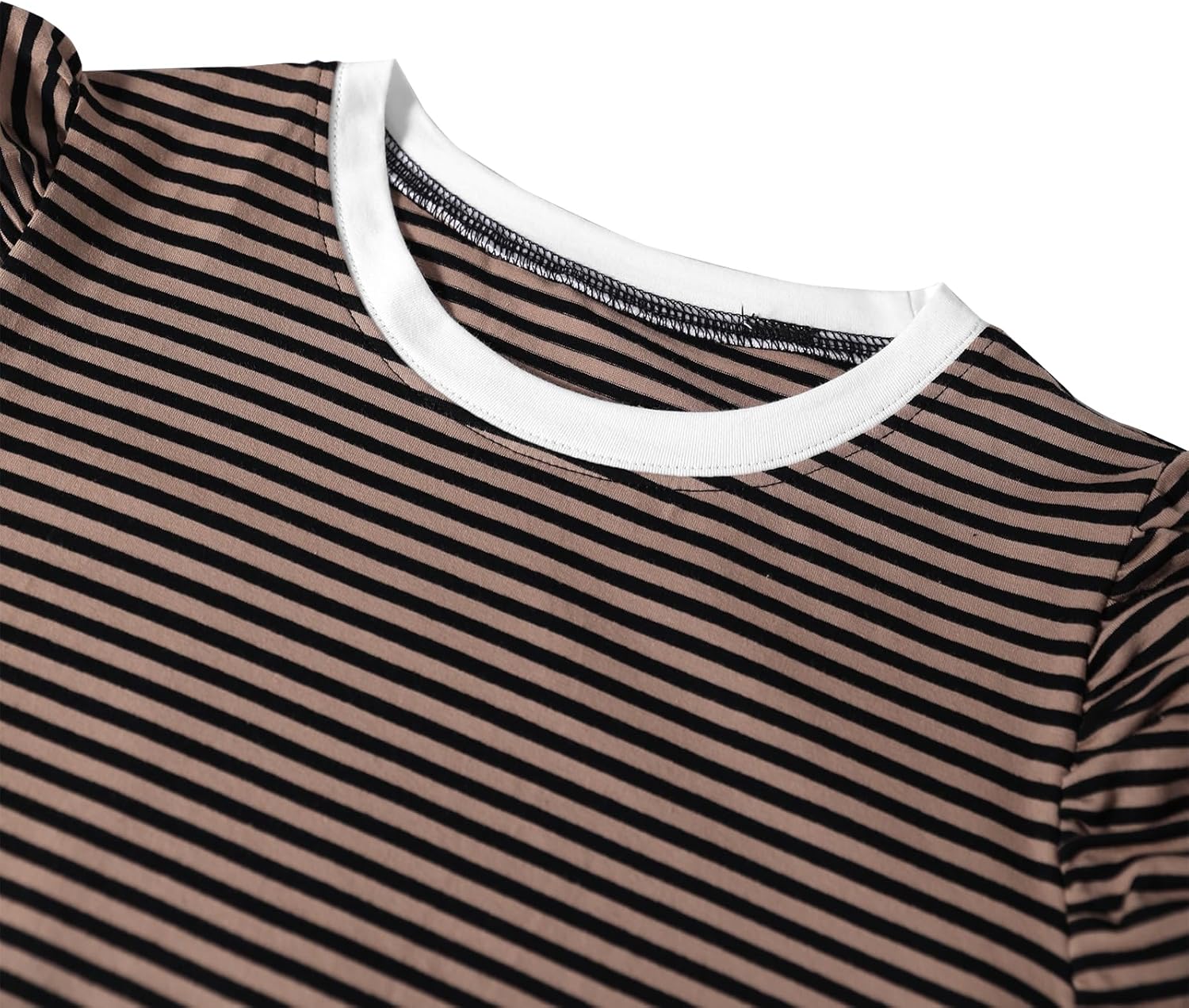 LilyCoco Striped Shirt Women Casual Summer Short Puff Sleeve Crew Neck Fitted Top - Image 3