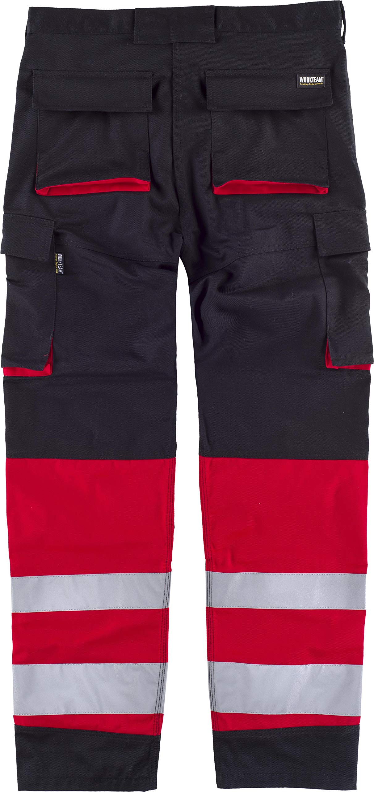 Work Team Pantalón Combinado de Triple Costura y con Cintas Reflectantes. Dos Bolsos de Fuelle con Abertura Inclinada en los costados, un Bolsillo Rel Hombre Negro+Rojo 48