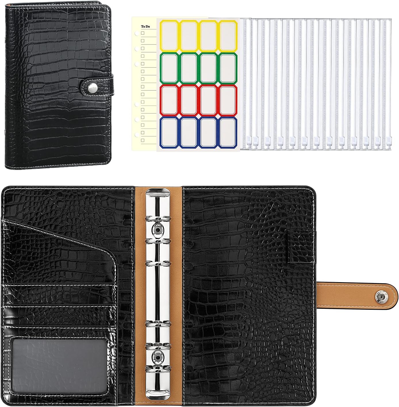 MoKo Budget Binder with Zipper Envelopes, A6 Binder Notebook PU Leather Money Organizer, 21 Pcs Budgeting Planner Money Saving Binder with Clear Cash Pockets, Card Holder, Label Stickers, Paper, Black