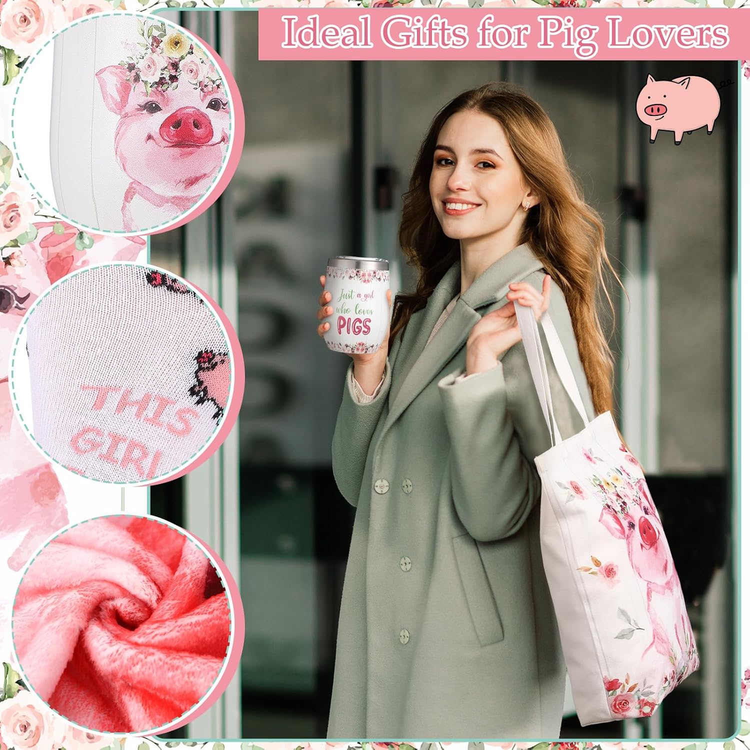 Reginary 4 Pcs Pig Lovers Gift for Women Mom Stainless Steel Pig Tumbler with Lid Straw Canvas Tote Bag in Blanket Socks for Employee Appreciation Mother's Day Birthday Gift - Image 4