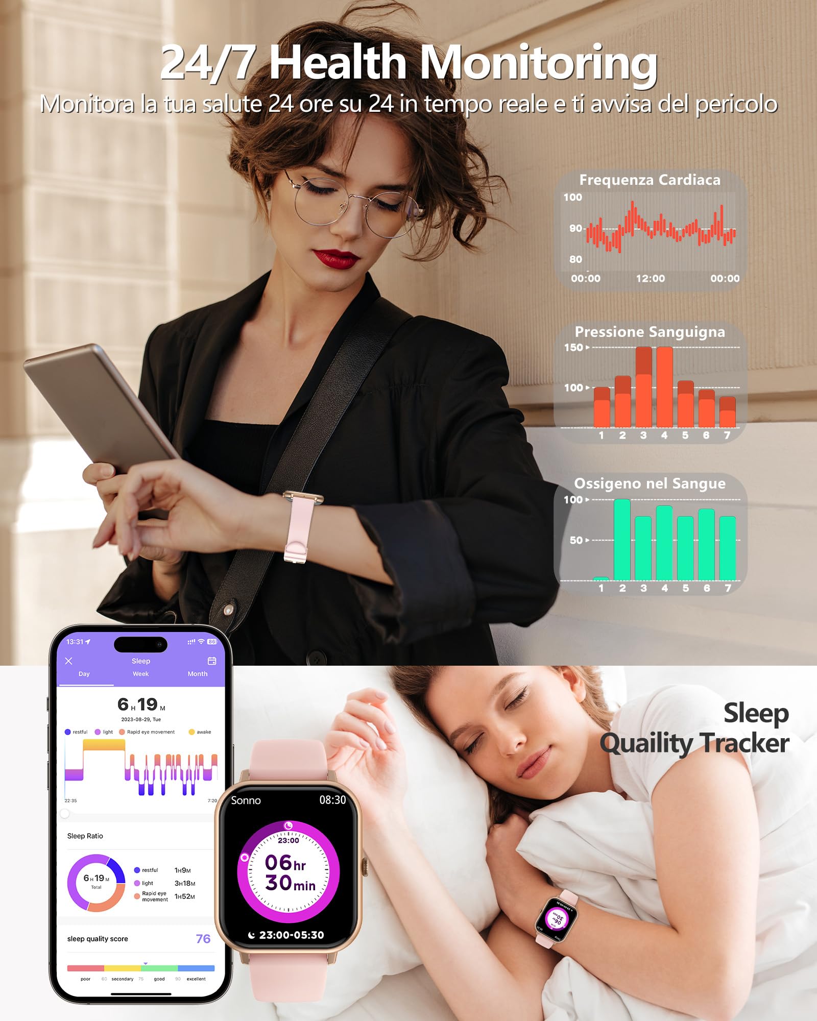 Smartwatch Donna Uomo,1.83" Orologio Smartwatch con Effettua/Risposta Chiamate, Sonno/SpO2/Cardiofrequenzimetro/Contapassi, 110+ Modalità Sportive, IP68 Impermeabile Fitness Tracker per iPhone&Android